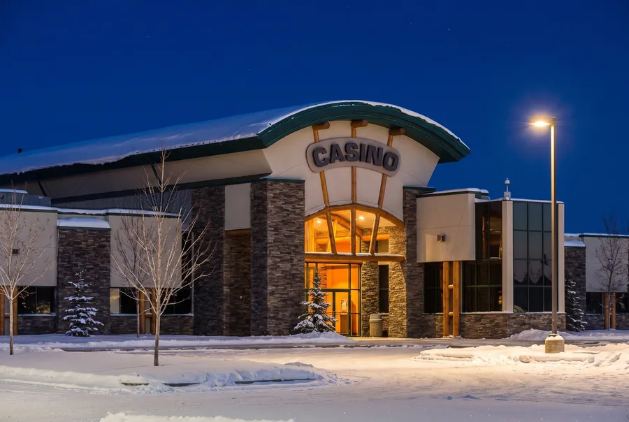 Casino Dene entrance on a snowy night