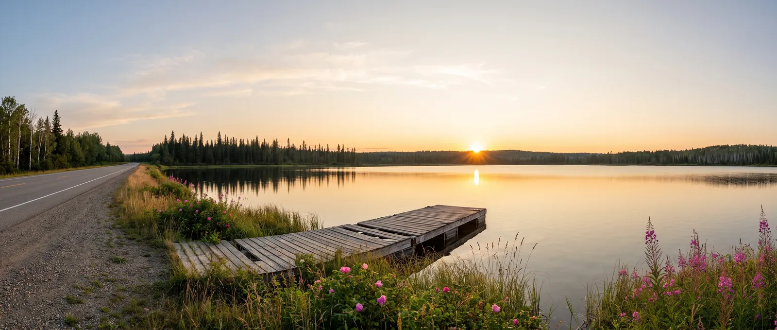 Northern lake at sunset with a wooden dock