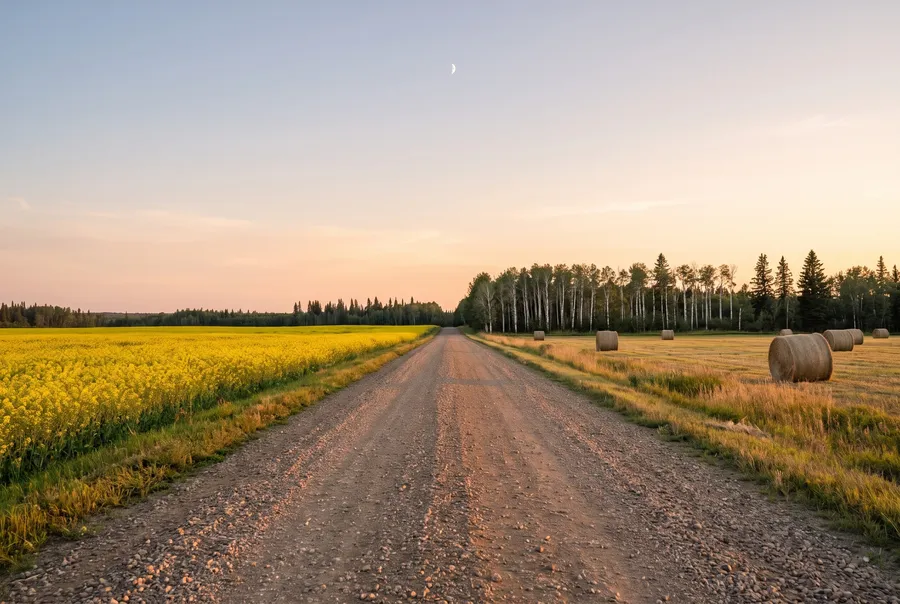 Gravel road between canola and aspens at dusk