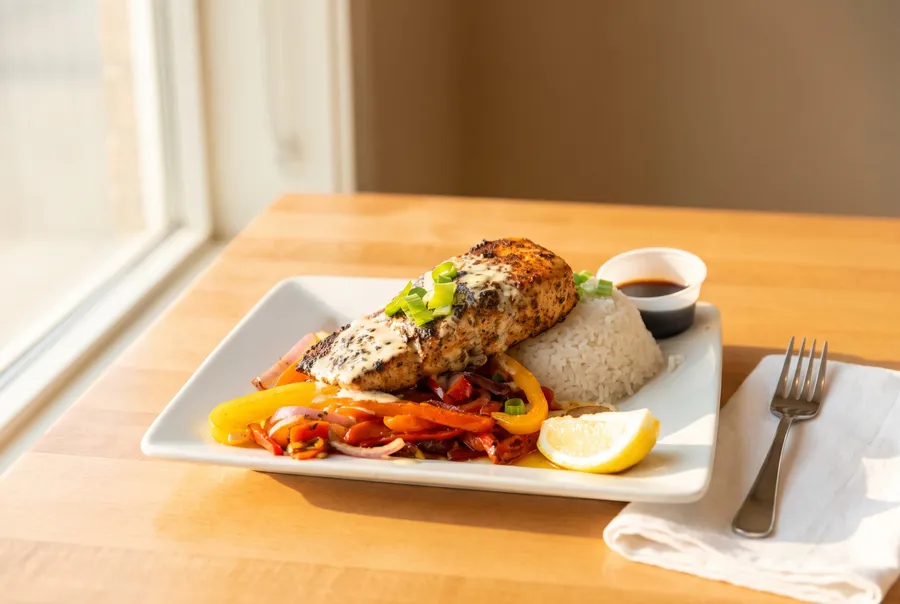 Salmon with rice and peppers at Casino Dene