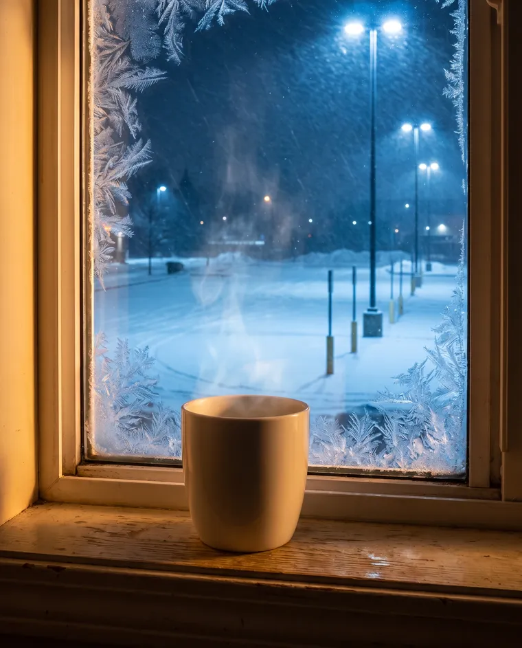 Steaming cup on a frosted window ledge at night